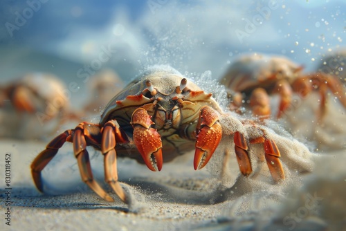 Many crabs that are walking on the sand, sealife background 
