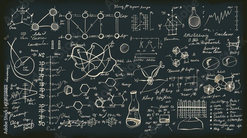 An elaborate blackboard filled with detailed scientific and mathematical diagrams, equations, and illustrations, showcasing a blend of physics, astronomy, and complex theories.