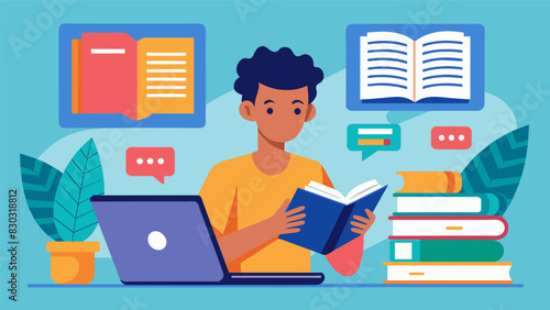 A student flipping through digital textbooks on their laptop highlighting important information and taking notes on a document.. Vector illustration