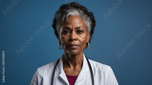 A black woman in her 60s, wearing a white shirt and a bold face, stands boldly against a blue background. Female doctor holding Tablet. Generative AI photo