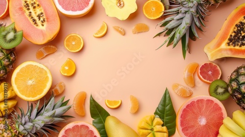 Fototapeta Naklejka Na Ścianę i Meble -  Bright and colorful assortment of fresh tropical fruits on a pastel background