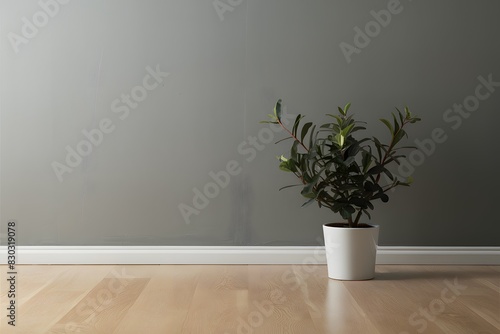 Minimalist gray wall with potted plant pops against light wood floor, exuding modern elegance photo