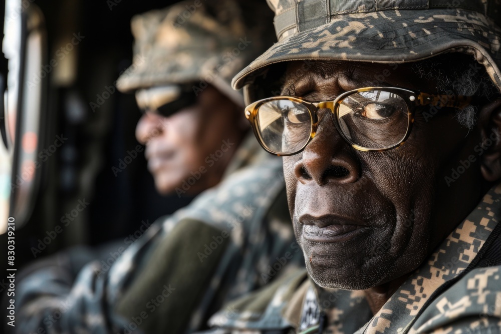Fototapeta premium Soldiers in uniform sitting in a bus looking out the window