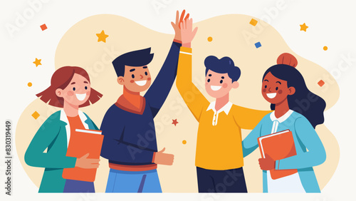 A team of students highfiving each other grateful for each others knowledge and teamwork in this challenging competition.. Vector illustration