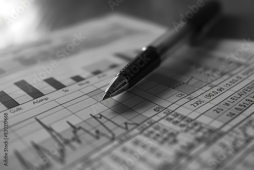 close-up of pen on financial charts and graphs in black and white for business analysis