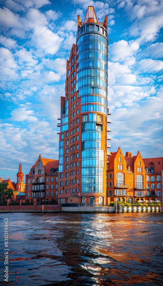 Fototapeta premium Sleek glass tower amidst the captivating charm of historic old town architecture