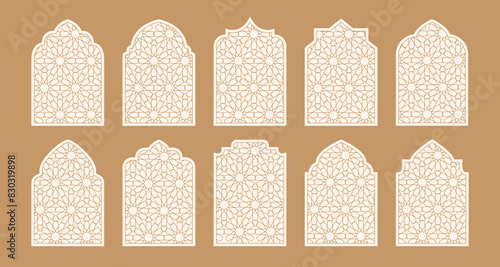 Oriental shape windows, doors with mashrabiya pattern. Arabian islamic arhitecture elements