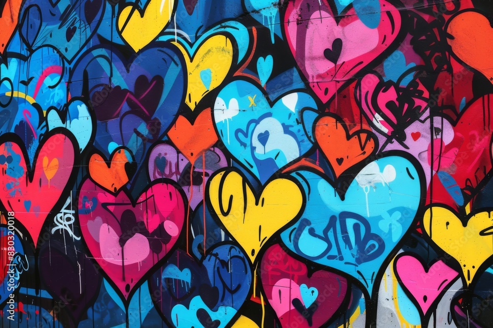 Naklejka premium Graffiti art of many hearts painted on a wall