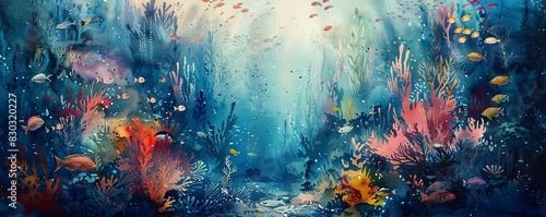 Explore an eye-level angle of a mystical underwater world in vivid watercolors, blending dreamy hues with intricate details, showcasing a surreal landscape #830320227