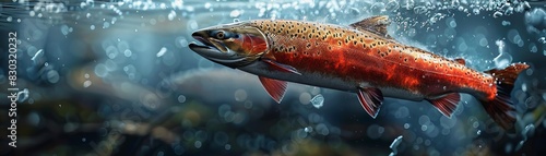 Freeze the grace of a leaping salmon as it defies gravity in a digital CG 3D format photo