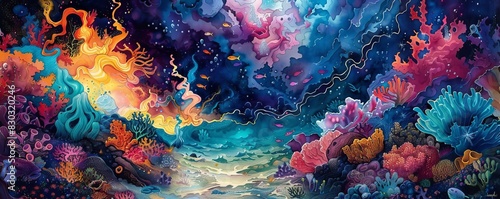 Explore an eye-level angle of a mystical underwater world in vivid watercolors, blending dreamy hues with intricate details, showcasing a surreal landscape #830320246