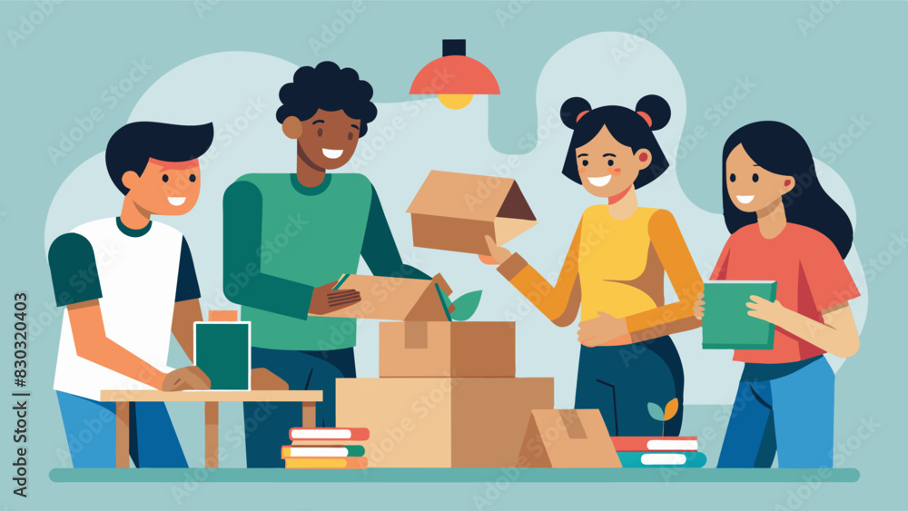 A group of college students use the workshop to create cardboard prototypes for a sustainable design project.. Vector illustration A group of college students use the workshop to create cardboard prototypes for a sustainable design project.. Vector illustration