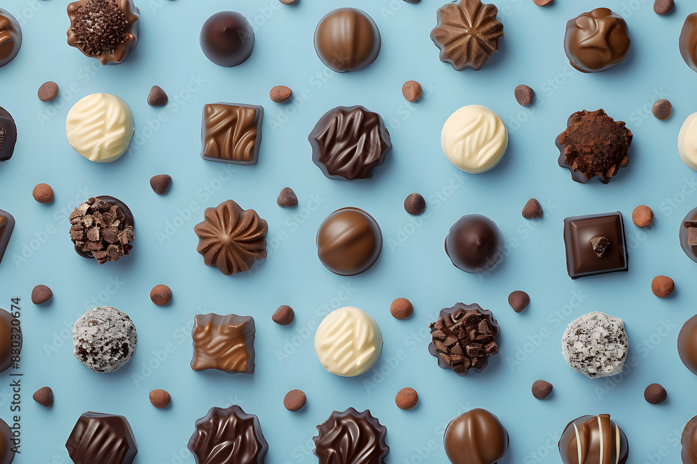 Pattern of different kinds of chocolate candies on blue background. Pattern of different kinds of chocolate candies on blue background.