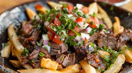 A carne asada fries close up, food design, dynamic, dramatic compositions, with copy space.