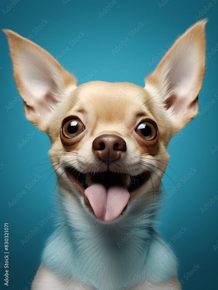 A delighted Chihuahua dog with oversized ears joyfully sticking out its tongue