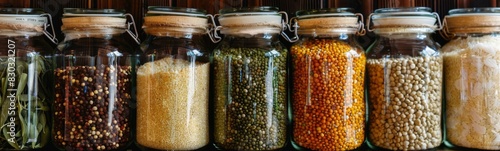 Many different types of grains in glass jars, food background  photo