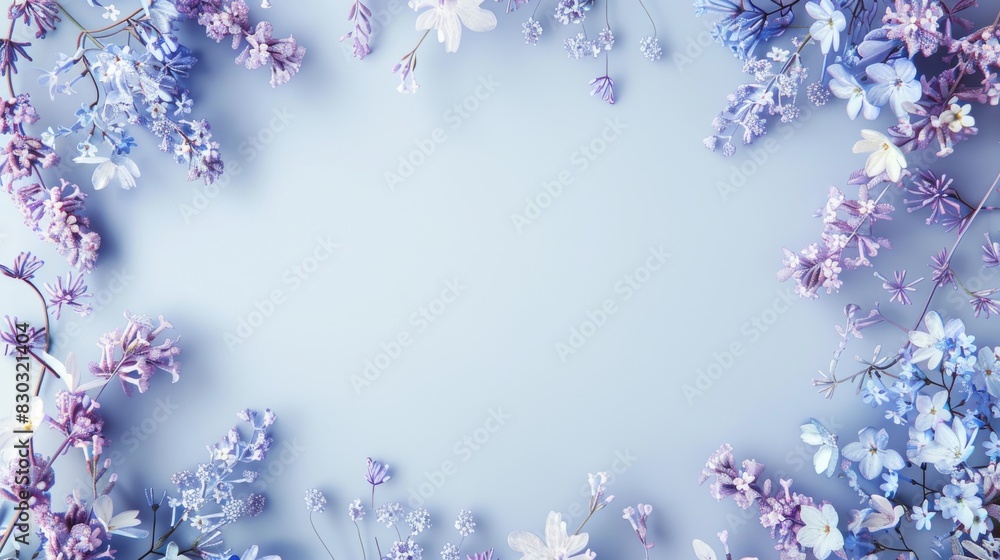 High-key pop art style mockup with pastel floral arrangement on blue background High-key pop art style mockup with pastel floral arrangement on blue background
