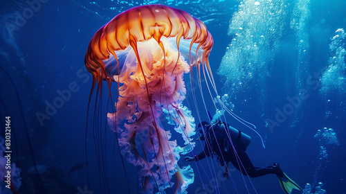 a diver navigates around the jellyfish, admiring their slow, rhythmic movements.