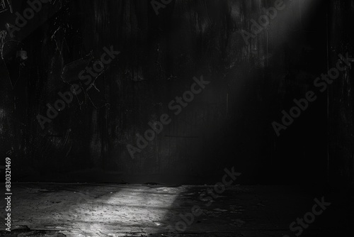 Sunlight shining through a dark room with a stone floor, Abstract black background  photo