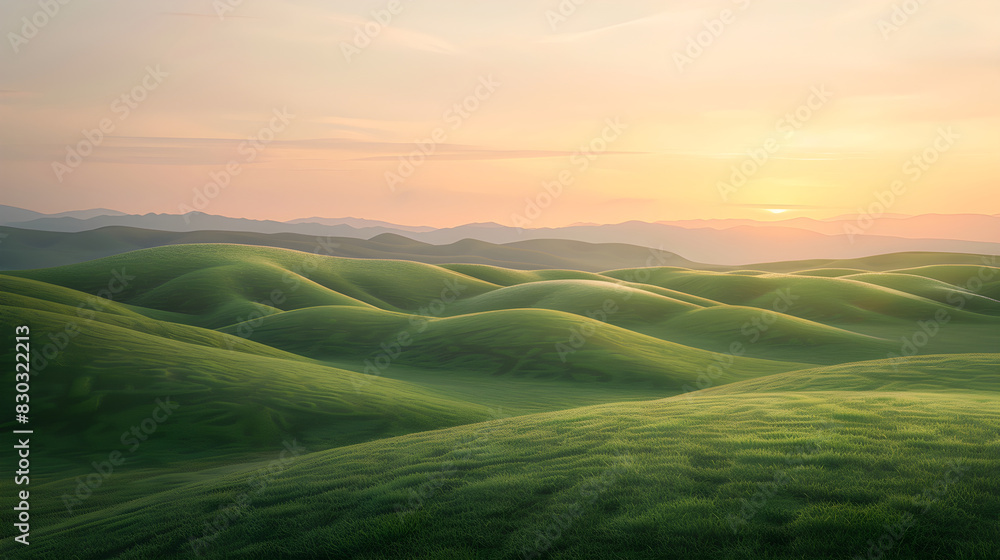 Tranquil Sunset Over Rolling Green Hills - A Serene Landscape Evoking Peace and Harmony with Nature