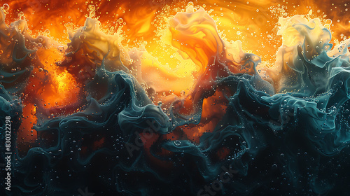 Abstract art of chemical reaction involving combustion showcasing the formation of carbon dioxide and water from the burning of hydrocarbons photo