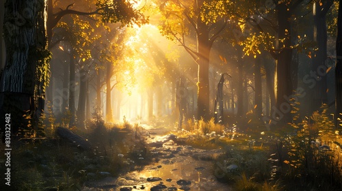 Illustration of a Forest with Sunlight, Golden Hour, Summer