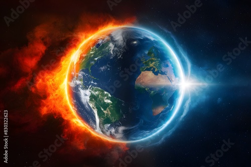 Earths duality fiery destruction and serene beauty against a cosmic backdrop