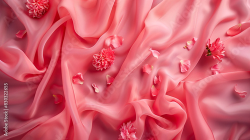 Coral fabric with delicate folds adorned with flowers and petals. Silk satin backdrop. Copy space photo