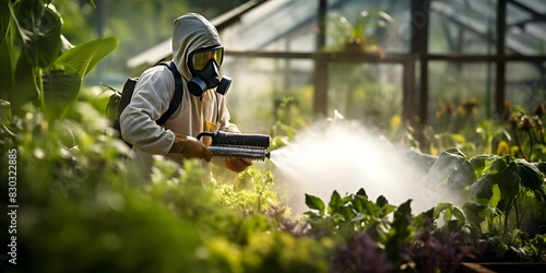 Pest control worker wearing a respirator sprays pesticides to combat insect infestation. Concept Pest Control, Respirator, Pesticides, Insect Infestation, Worker photo