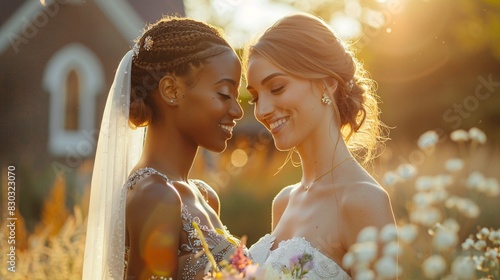 couple of LGBT woman in wedding dresses on church background. photo