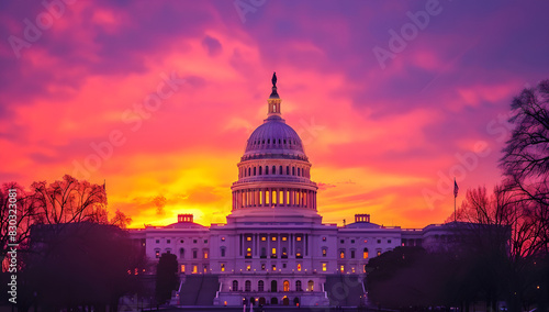 street city leads to capitol building seen at sunset, iconic architecture, dramatic cloudy sky, historic landmark, Washington D.C , road , cars and buildings 
