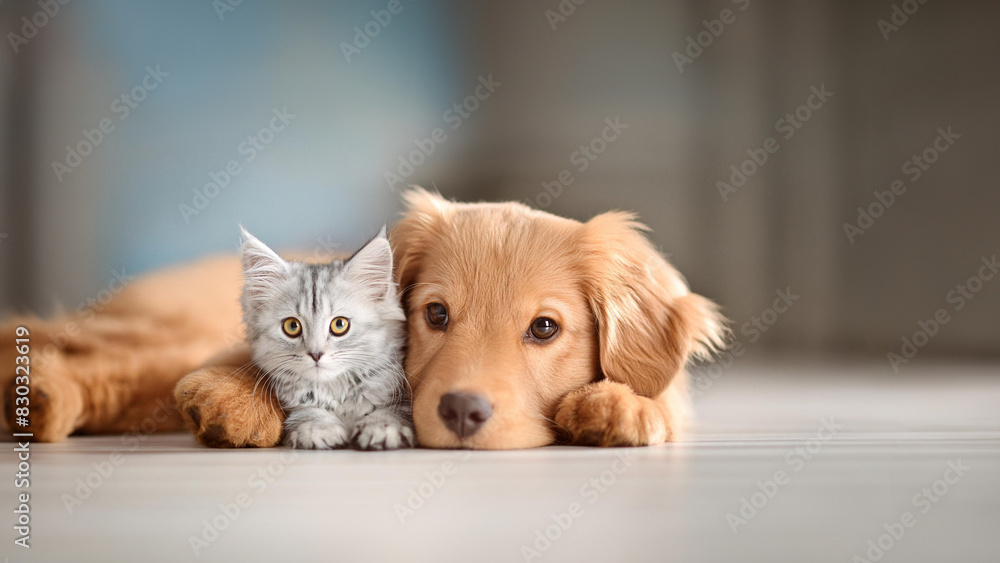 A cat and a dog lie together. The care of animals. Love and friendship of a kitten and a puppy. Generative ai A cat and a dog lie together. The care of animals. Love and friendship of a kitten and a puppy. Generative ai