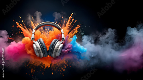 A headphone with colorful color powder splash. Generative AI photo