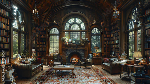image of cozy library floortoceiling bookshelf overstuffed armchair crackling fireplace Sunlight should filter through leaded glass window casting warm pool of light worn wooden table plush Persian ru