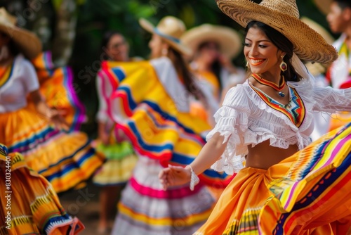 Brightly colored skirts and hats are worn by a woman in a mexican dress photo