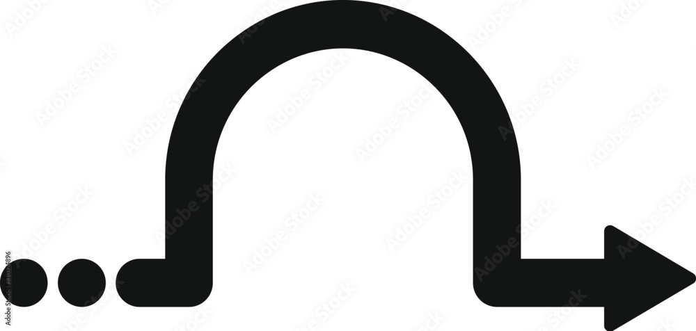 Simple black curved arrow with three trailing dots, suggestive of motion or return, isolated on a white backdrop Simple black curved arrow with three trailing dots, suggestive of motion or return, isolated on a white backdrop