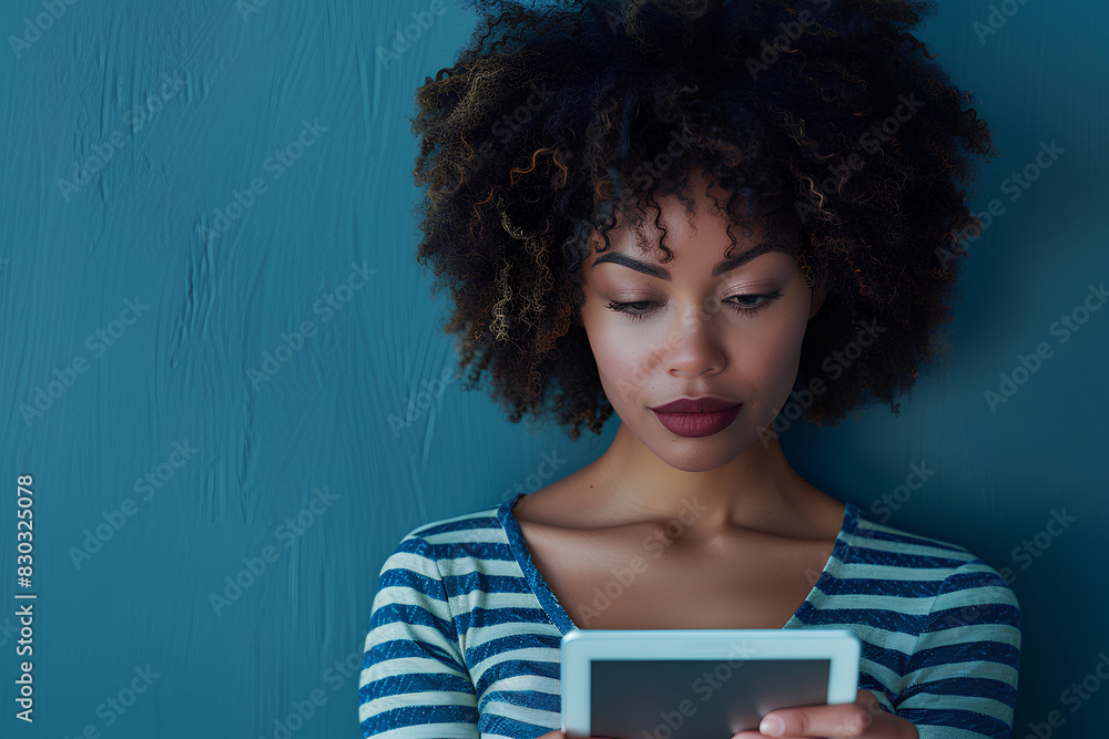 African woman, tablet and space in studio for mockup with reading on app, study or quiz by blue background. Person, girl and student with digital touchscreen, online course or elearning for education African woman, tablet and space in studio for mockup with reading on app, study or quiz by blue background. Person, girl and student with digital touchscreen, online course or elearning for education