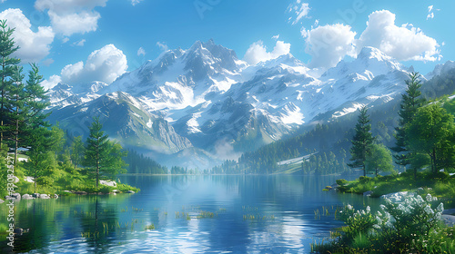 serene mountain landscape snowcapped peaks piercing azure sky tranquil alpine lake should nestle valley below reflecting majestic scenery Pine trees should blanket slopes adding pictureperfect vista