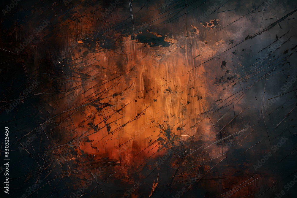 Textured surface with rustic hues, scratches, streaks, contrasted by fiery orange center