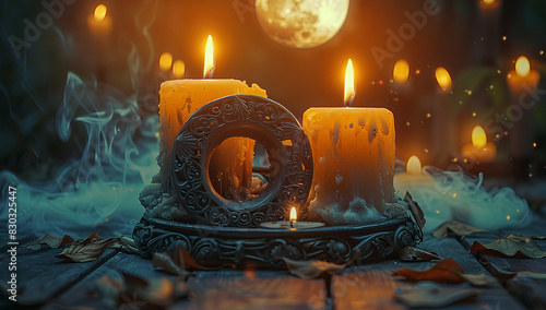 Immerse yourself in a mystical setting deep within the forest where flickering candles and a symbolic moon amulet cast their glow against the dark abstract backdrop of nature Here the ancie photo