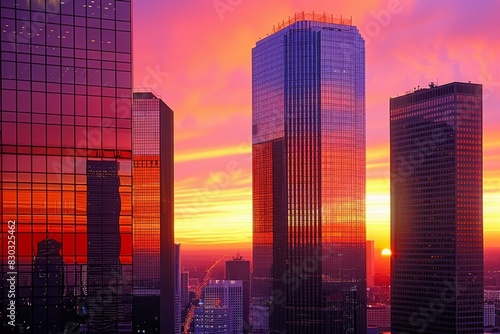 Skyscrapers reflecting golden hues in city skyline at sunset create a stunning urban landscape