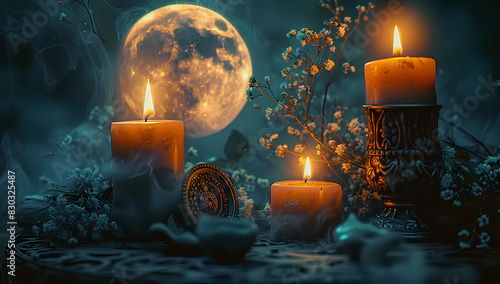 Immerse yourself in a mystical setting deep within the forest where flickering candles and a symbolic moon amulet cast their glow against the dark abstract backdrop of nature Here the ancie