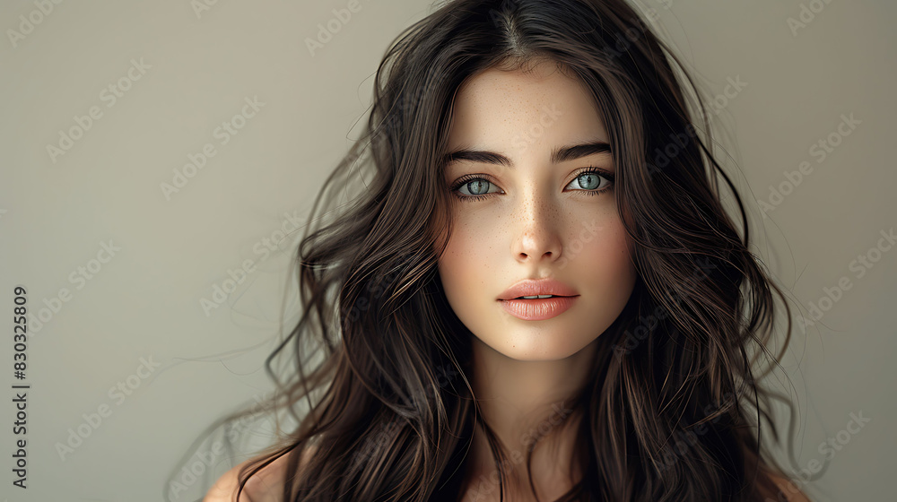 image of stylish woman long flowing hair cascading soft wave She should wearing chic outfit emphasizes modern fashion trends serene sophisticated expression background should minimalist keep focus her image of stylish woman long flowing hair cascading soft wave She should wearing chic outfit emphasizes modern fashion trends serene sophisticated expression background should minimalist keep focus her