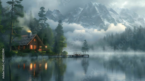 image of tranquil cabin nestled beside crystalclear mountain lake surrounded towering pine tree Smoke should curl chimney wooden dock should stretch out into calm water inviting visitor enjoy serenity photo