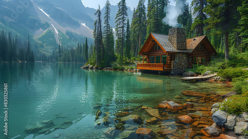 image of tranquil cabin nestled beside crystalclear mountain lake surrounded towering pine tree Smoke should curl chimney wooden dock should stretch out into calm water inviting visitor enjoy serenity photo