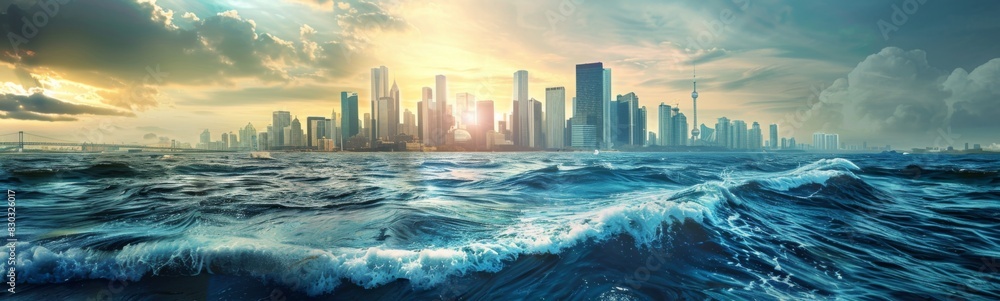 Large city on the horizon of the ocean, climate change issue background
