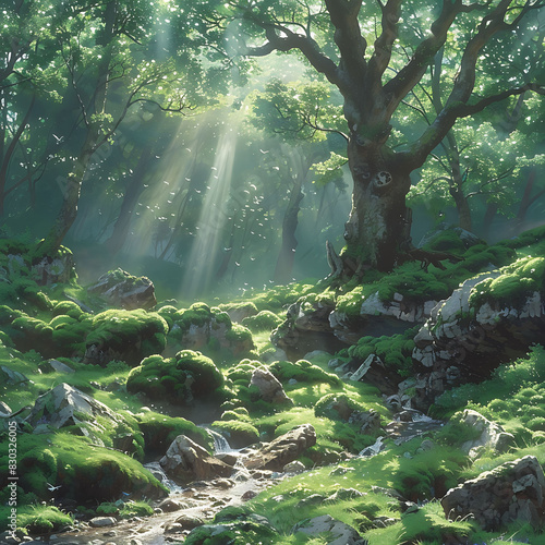 magical forest inhabited mythical creature like unicorn fairy Sunbeams should filter through lush canopy creating dappled effect forest floor Mosscovered rock babbling brook should add enchanting ambi