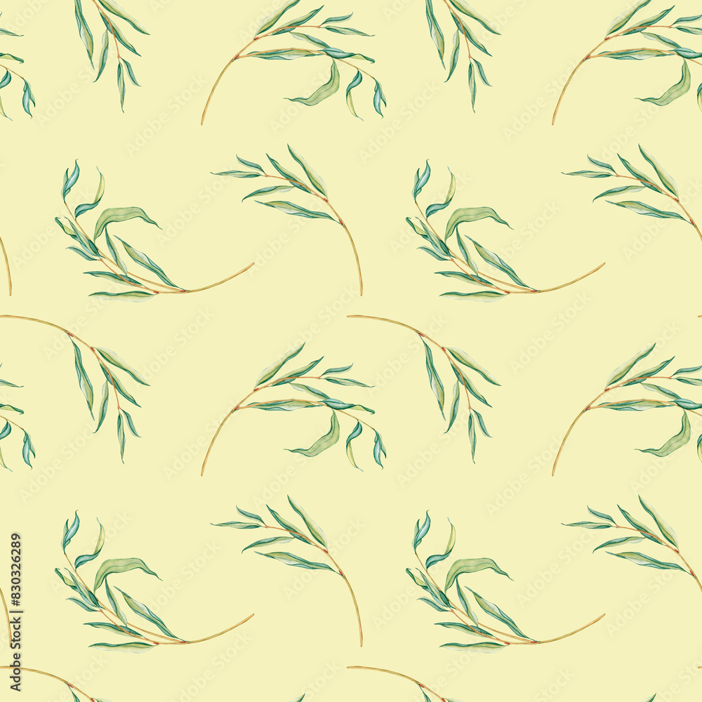 Watercolor seamless pattern fresh foliage weeping willow tree. Nature landscape, simple tree branches with green leaves isolated on beige. Hand drawn botanical illustration green tones Watercolor seamless pattern fresh foliage weeping willow tree. Nature landscape, simple tree branches with green leaves isolated on beige. Hand drawn botanical illustration green tones