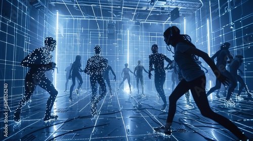 A behindthescenes look at a film production using motion capture technology, with actors performing dramatic scenes in a sensorequipped environment photo