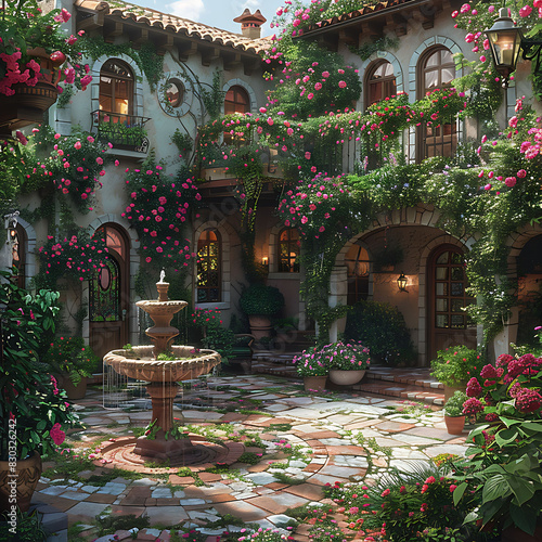 tranquil garden courtyard adorned blooming flowers winding pathways elegant fountains The air should be filled with the sweet scent of blossoms and butterflies should flutter among the lush greenery